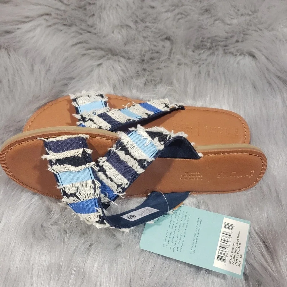 Toms Viv Navy‎ coupe denim slide blue fray crisscross straps slip on sandals NIB